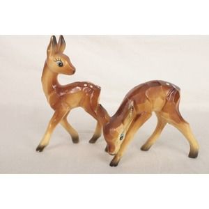 Pair of Vintage Hard Plastic Deer Baby Fawn Figurines Big Eyes Faux Carved Wood